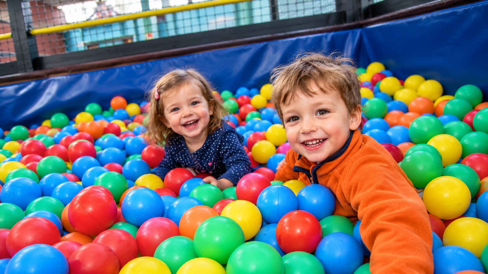 Two children laughing in the ball pit of an indoor playground