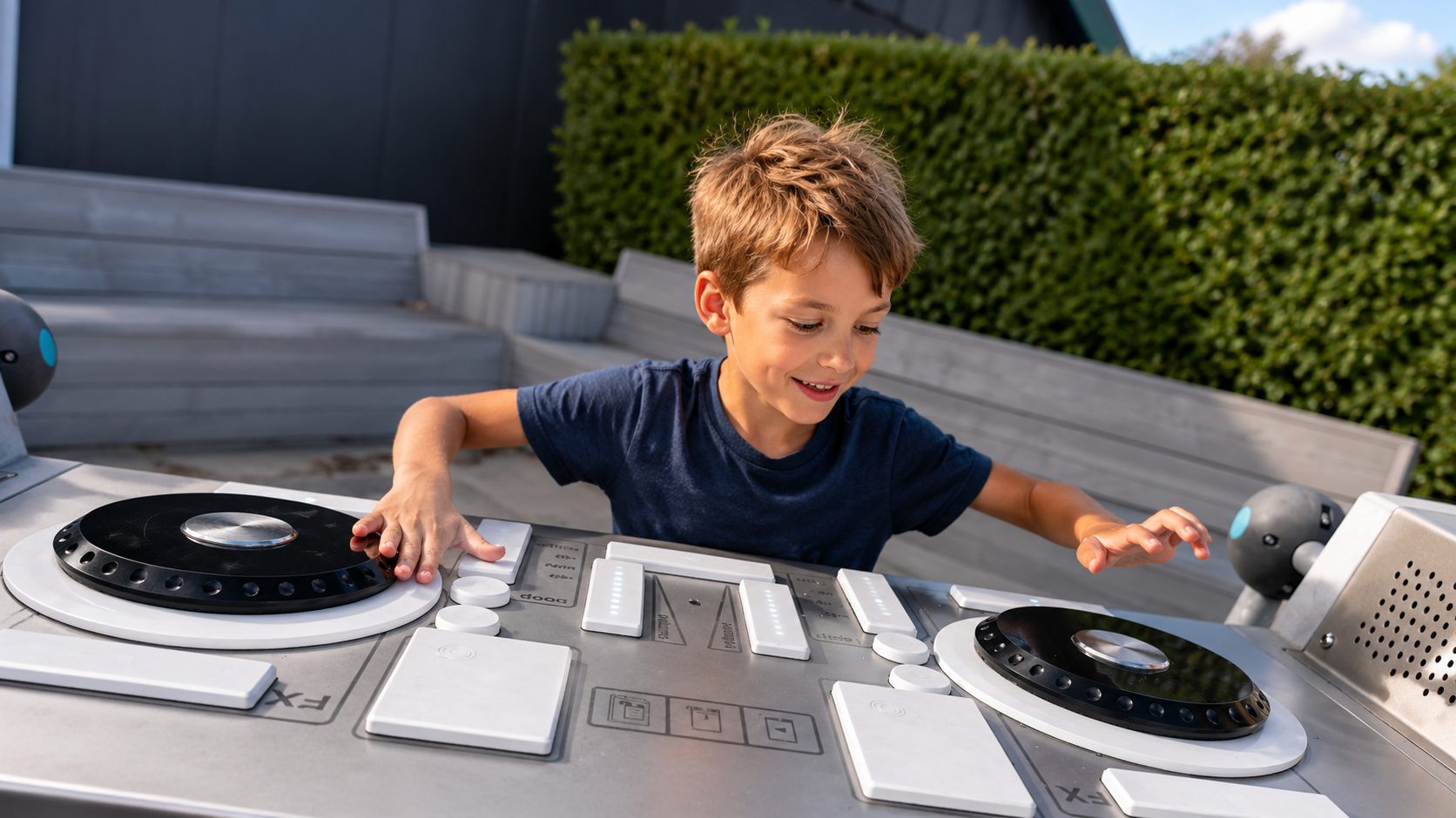 Boy playing at a DJ booth in a holiday park