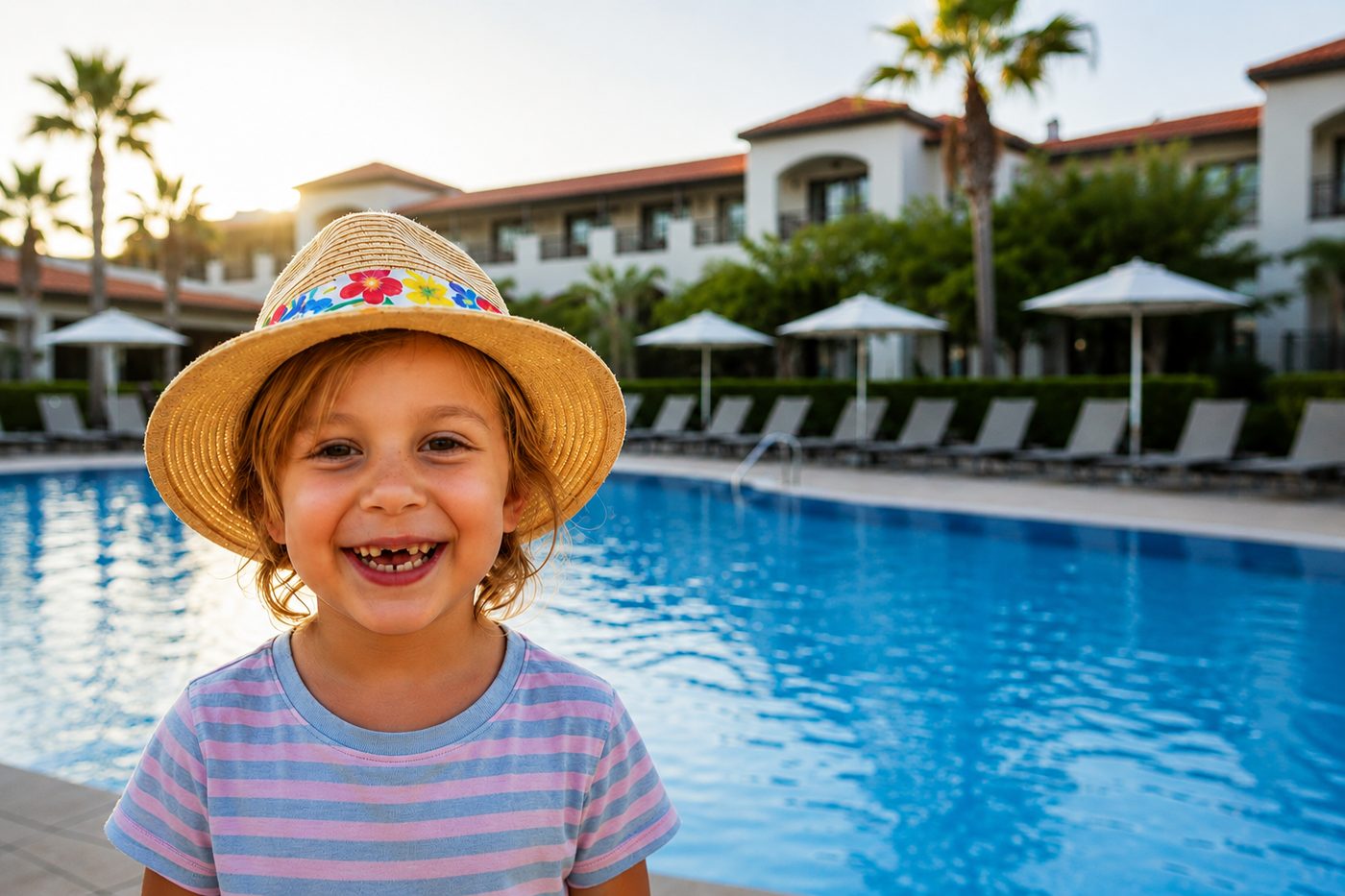 Lachendes Kind mit Sonnenhut am Pool einer Ferienanlage