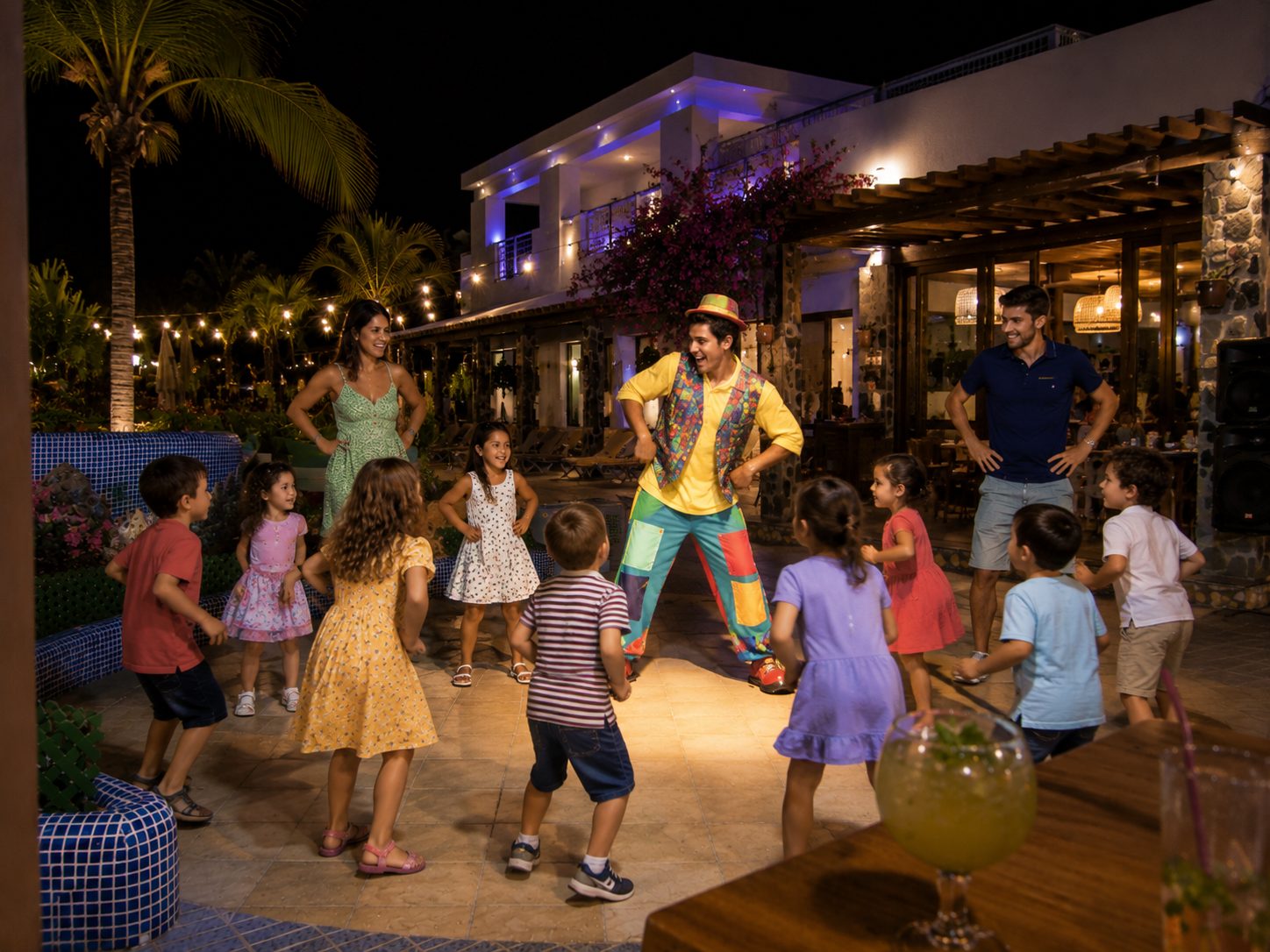 Entertainer dancing with children in the evening at the mini disco by the hotel pool