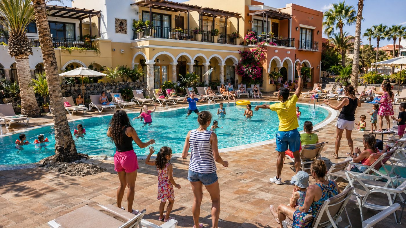Animationsteam tanzt mit Kindern am Resort-Pool