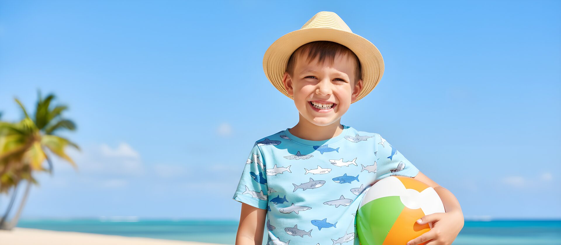 Junge mit Strandball am Meer