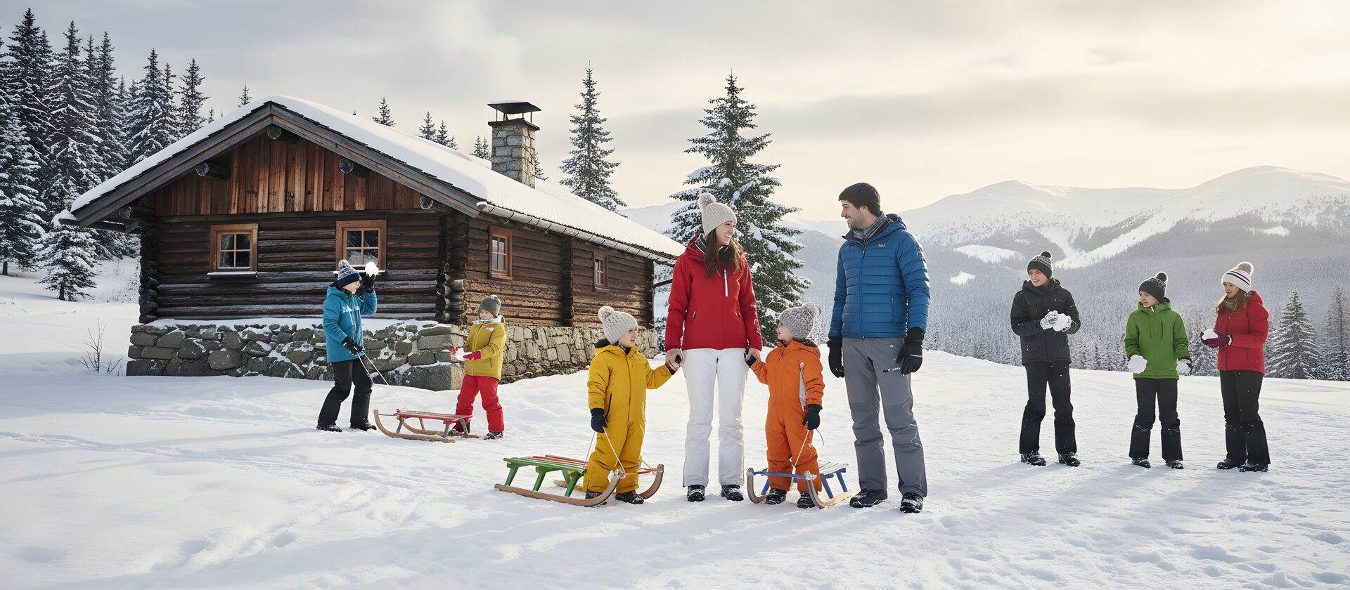 Familie im Schnee mit Schlitten