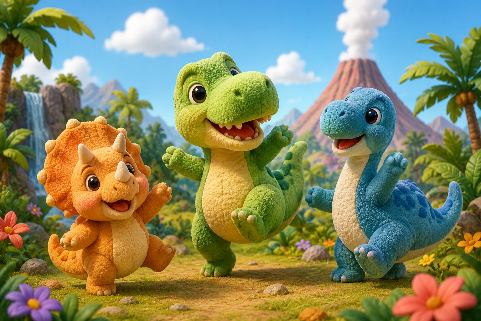 Drei knuffige Plüsch-Dinosaurier